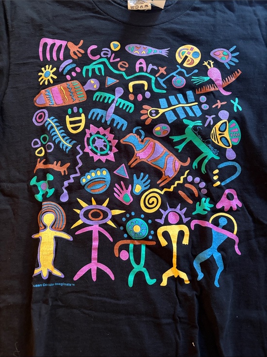 Made in usa Tops - Black Short Sleeve Tee with Multicolor Cave Art Graphic